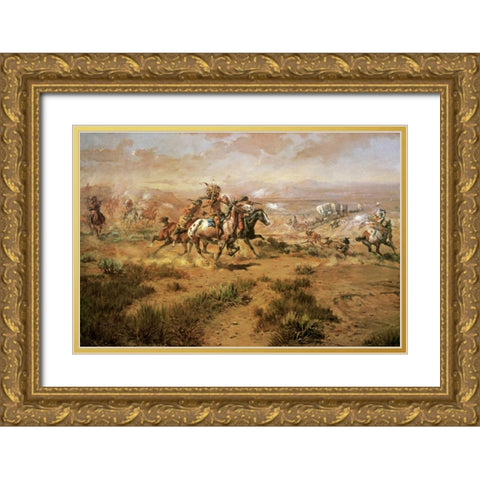 The Attack On The Wagon Train Gold Ornate Wood Framed Art Print with Double Matting by Russell, Charles M.