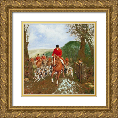 A Hunt Going Through A Gate Gold Ornate Wood Framed Art Print with Double Matting by Alken, Henry Jr.