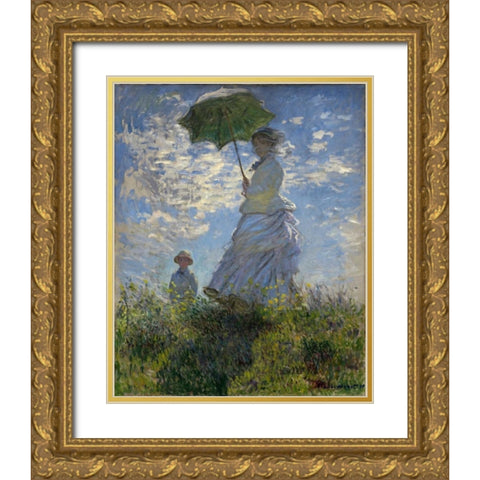 Woman with a Parasol - Madame Monet and Her Son Gold Ornate Wood Framed Art Print with Double Matting by Monet, Claude
