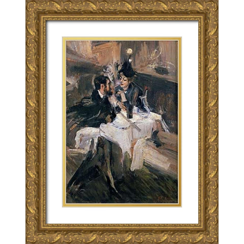 The Sweethearts Lunch Gold Ornate Wood Framed Art Print with Double Matting by Boldini, Giovanni