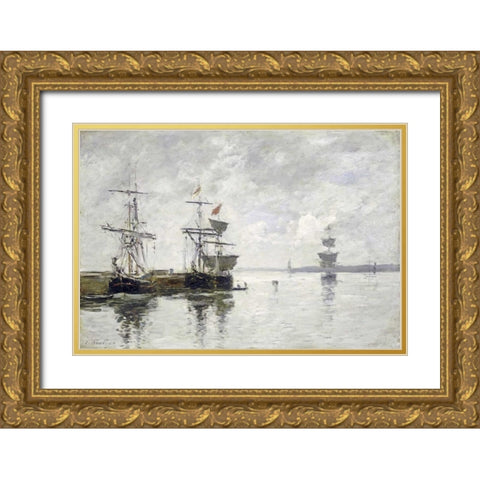 Scene Du Port Gold Ornate Wood Framed Art Print with Double Matting by Boudin, Eugene