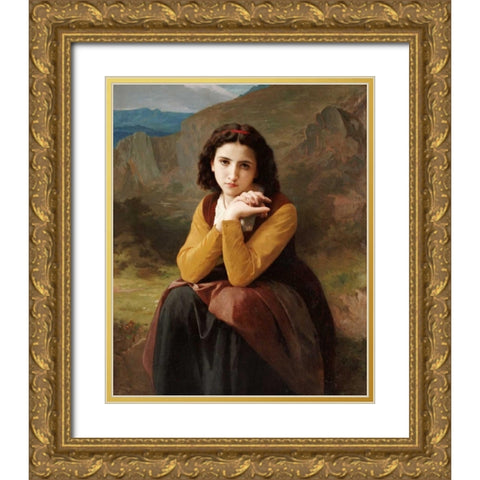Reflective Beauty. Mignon Pensive Gold Ornate Wood Framed Art Print with Double Matting by Bouguereau, William-Adolphe