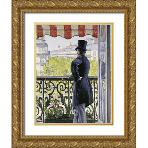 Man on a Balcony, Boulevard Haussmann Gold Ornate Wood Framed Art Print with Double Matting by Caillebotte, Gustave