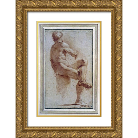 A Male Nude Seated With His Back Turned Gold Ornate Wood Framed Art Print with Double Matting by Carracci, Annibale