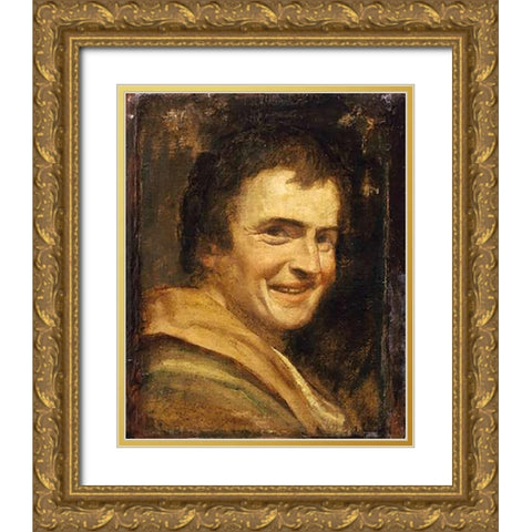 A Smiling Youth Gold Ornate Wood Framed Art Print with Double Matting by Carracci, Annibale