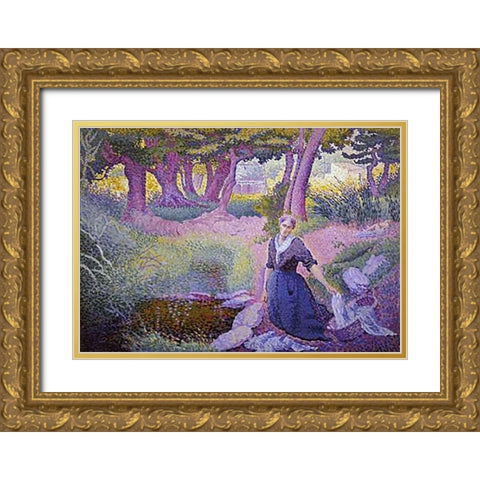 The Washer-Woman Gold Ornate Wood Framed Art Print with Double Matting by Cross, Henri Edmond