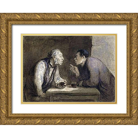 Two Drinkers Gold Ornate Wood Framed Art Print with Double Matting by Daumier, Honore