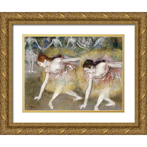 Dancers Bending Down Gold Ornate Wood Framed Art Print with Double Matting by Degas, Edgar