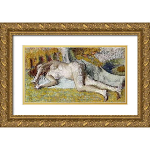 After The Bath Gold Ornate Wood Framed Art Print with Double Matting by Degas, Edgar