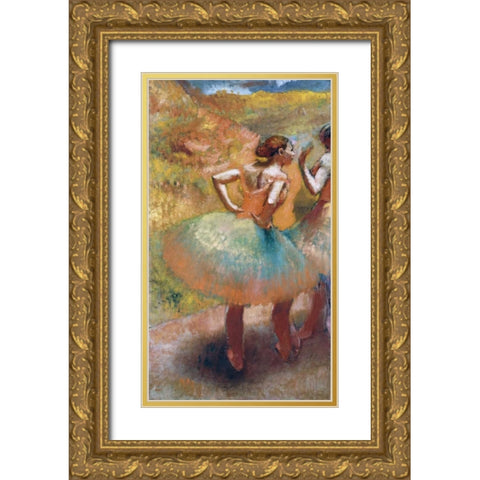 Two Dancers In Green Skirts Gold Ornate Wood Framed Art Print with Double Matting by Degas, Edgar