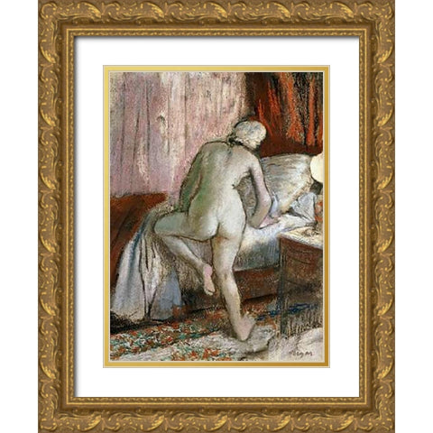 Bedtime Gold Ornate Wood Framed Art Print with Double Matting by Degas, Edgar
