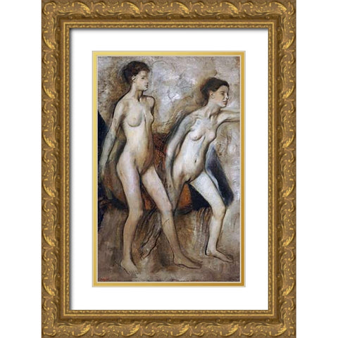 Young Spartan Girls Provoking The Boys Gold Ornate Wood Framed Art Print with Double Matting by Degas, Edgar
