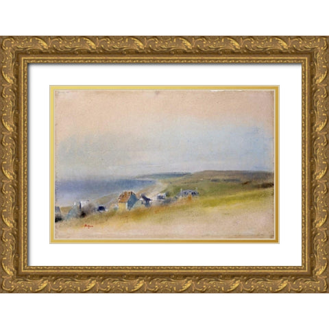 Houses On The Cliff Edge at Villers-Sur-Mer Gold Ornate Wood Framed Art Print with Double Matting by Degas, Edgar