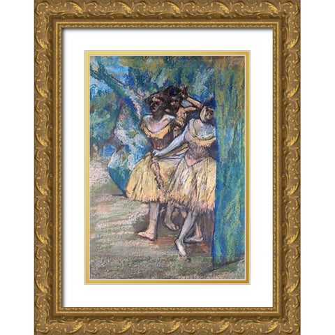 Three Dancers, With a Backdrop of Trees and Rocks Gold Ornate Wood Framed Art Print with Double Matting by Degas, Edgar
