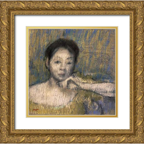 Bust of a Woman With Her Left Hand On Her Chin Gold Ornate Wood Framed Art Print with Double Matting by Degas, Edgar