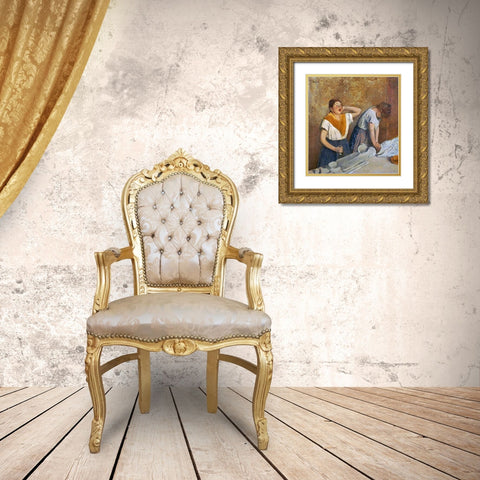 The Laundry Workers Ironing Gold Ornate Wood Framed Art Print with Double Matting by Degas, Edgar