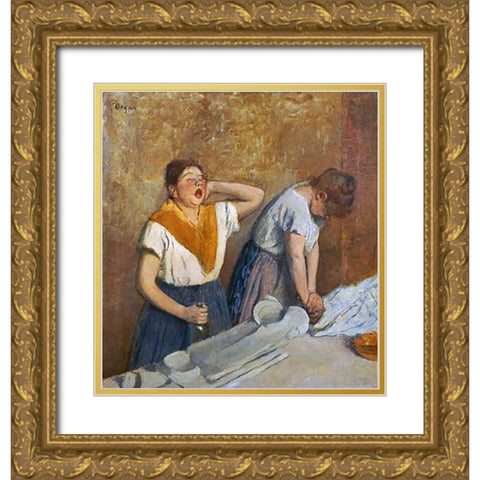 The Laundry Workers Ironing Gold Ornate Wood Framed Art Print with Double Matting by Degas, Edgar