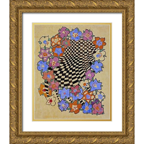 Floral and Chequered Fabric Design, Circa 1916 Gold Ornate Wood Framed Art Print with Double Matting by Mackintosh, Charles Rennie