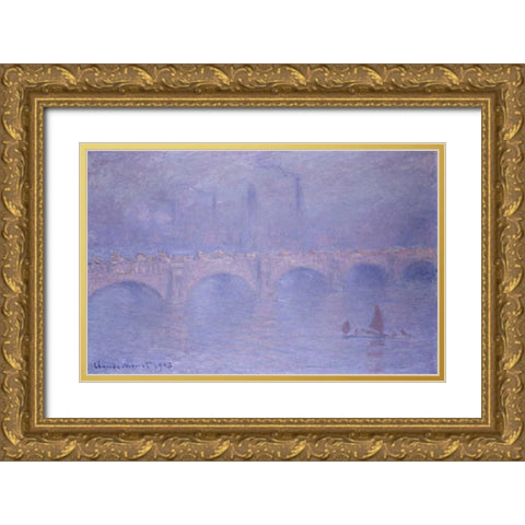 Waterloo Bridge, Misty Sunshine Gold Ornate Wood Framed Art Print with Double Matting by Monet, Claude