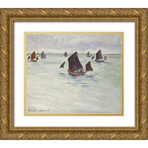 Fishing Boats off Pourville, 1882 Gold Ornate Wood Framed Art Print with Double Matting by Monet, Claude