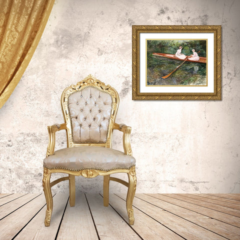 The Pink Rowing Boat Gold Ornate Wood Framed Art Print with Double Matting by Monet, Claude