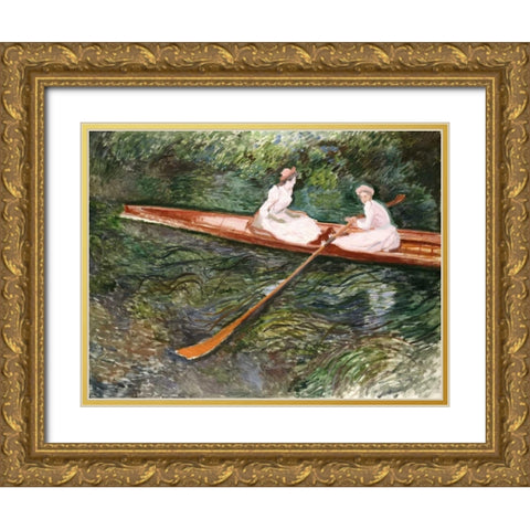The Pink Rowing Boat Gold Ornate Wood Framed Art Print with Double Matting by Monet, Claude