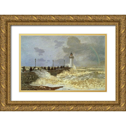 The Quay at Le Havre Gold Ornate Wood Framed Art Print with Double Matting by Monet, Claude