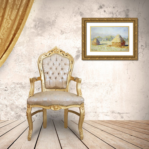 Haystacks, Morning Effect Gold Ornate Wood Framed Art Print with Double Matting by Monet, Claude