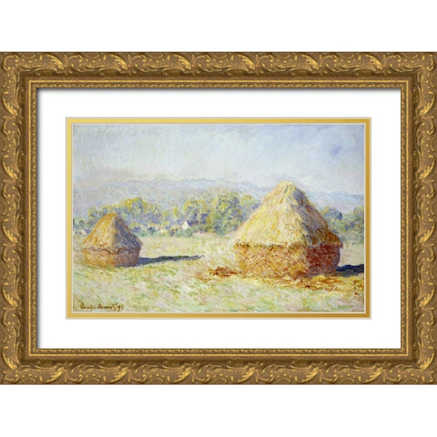 Haystacks, Morning Effect Gold Ornate Wood Framed Art Print with Double Matting by Monet, Claude