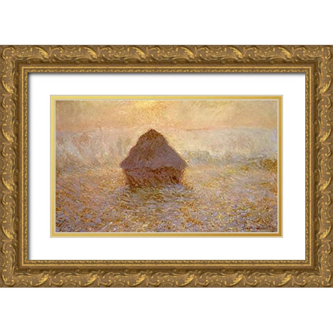 Haystacks, Sun on the Mist Gold Ornate Wood Framed Art Print with Double Matting by Monet, Claude