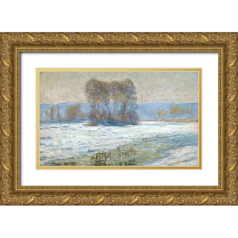 The Seine at Bennecourt, Winter Gold Ornate Wood Framed Art Print with Double Matting by Monet, Claude