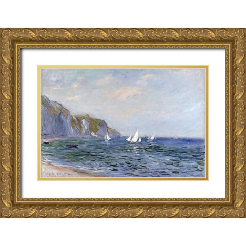 Cliffs and Sailboats at Pourville Gold Ornate Wood Framed Art Print with Double Matting by Monet, Claude