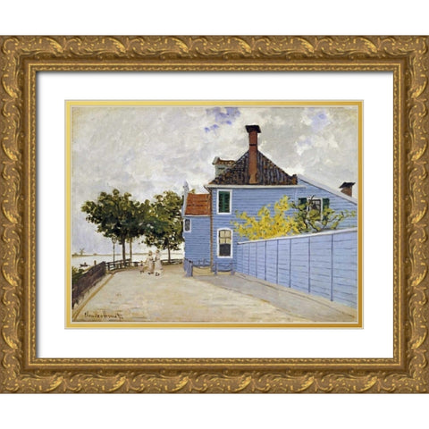 The Blue House, Zaandam Gold Ornate Wood Framed Art Print with Double Matting by Monet, Claude