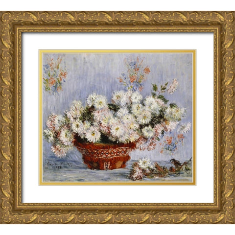 Chrysanthemums Gold Ornate Wood Framed Art Print with Double Matting by Monet, Claude