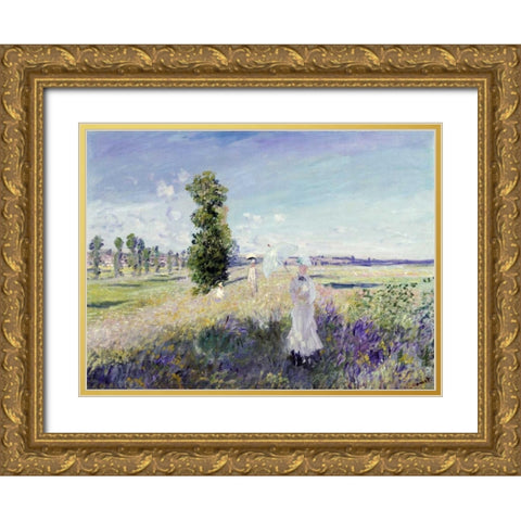 La Promenade - Argenteuil, 1875 Gold Ornate Wood Framed Art Print with Double Matting by Monet, Claude