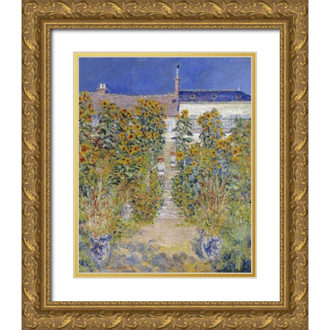 The Artists Garden at Vetheuil Gold Ornate Wood Framed Art Print with Double Matting by Monet, Claude