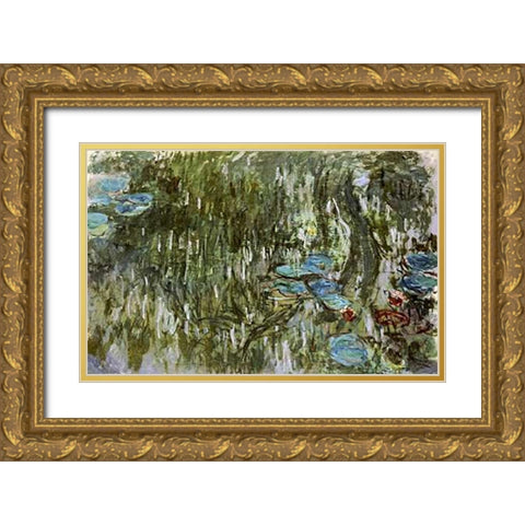 Water Lilies, Reflected Willow Gold Ornate Wood Framed Art Print with Double Matting by Monet, Claude