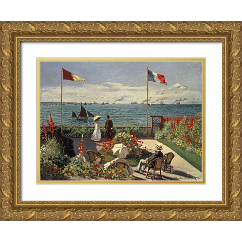 The Terrace at Sainte-Adresse Gold Ornate Wood Framed Art Print with Double Matting by Monet, Claude