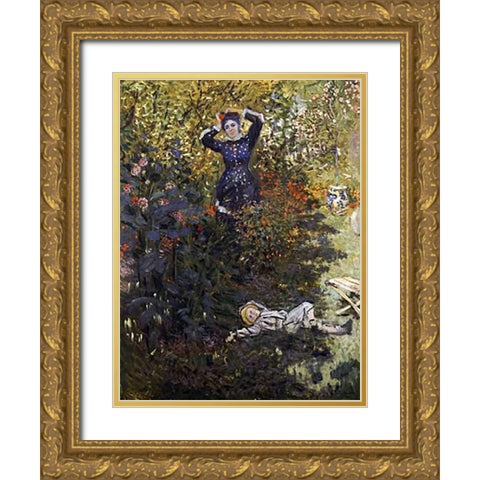 Camille and Jean in the Garden at Argenteuil Gold Ornate Wood Framed Art Print with Double Matting by Monet, Claude