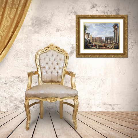 A Capriccio View of Rome With The Colosseum Gold Ornate Wood Framed Art Print with Double Matting by Panini, Giovanni Paolo