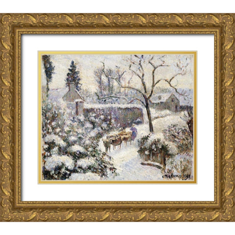 Snow at Montfoucault Gold Ornate Wood Framed Art Print with Double Matting by Pissarro, Camille
