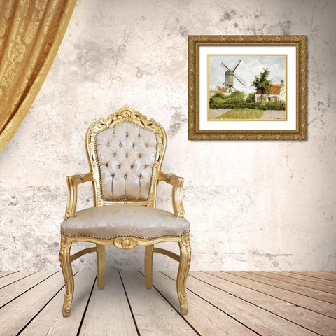 Windmill at Knock, Belgium Gold Ornate Wood Framed Art Print with Double Matting by Pissarro, Camille