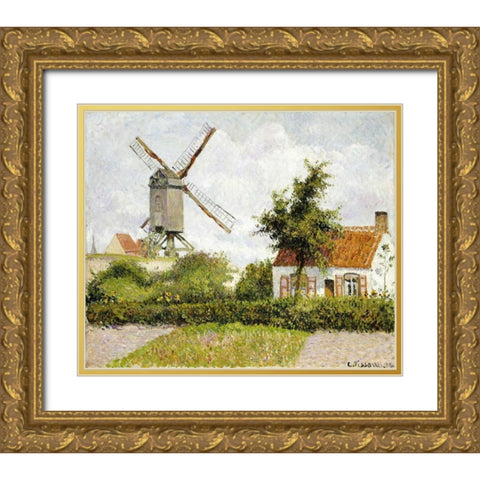 Windmill at Knock, Belgium Gold Ornate Wood Framed Art Print with Double Matting by Pissarro, Camille