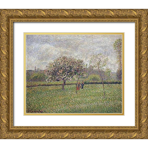 Apple Tree Blossom at Eragny Gold Ornate Wood Framed Art Print with Double Matting by Pissarro, Camille