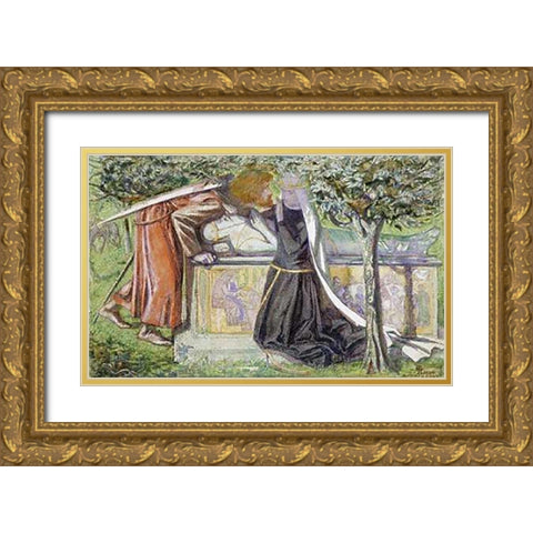 Arthurs Tomb: Sir Launcelot Parting From Guenevere Gold Ornate Wood Framed Art Print with Double Matting by Rossetti, Dante Gabriel