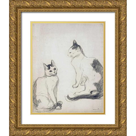 The Two Cats Gold Ornate Wood Framed Art Print with Double Matting by Steinlen, Theophile