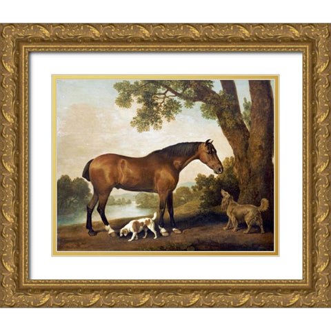 A Bay Hunter, a Springer Spaniel and a Sussex Spaniel, 1782 Gold Ornate Wood Framed Art Print with Double Matting by Stubbs, George