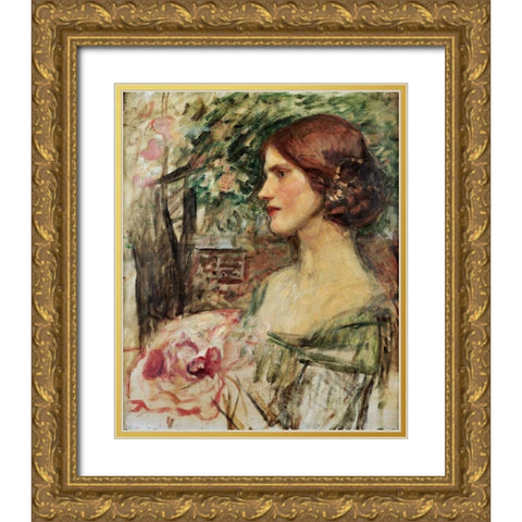 Portrait of a Lady In a Green Dress Gold Ornate Wood Framed Art Print with Double Matting by Waterhouse, John William
