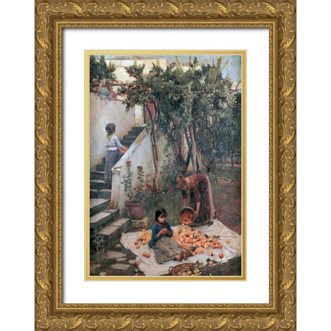 The Orange Gatherers Gold Ornate Wood Framed Art Print with Double Matting by Waterhouse, John William