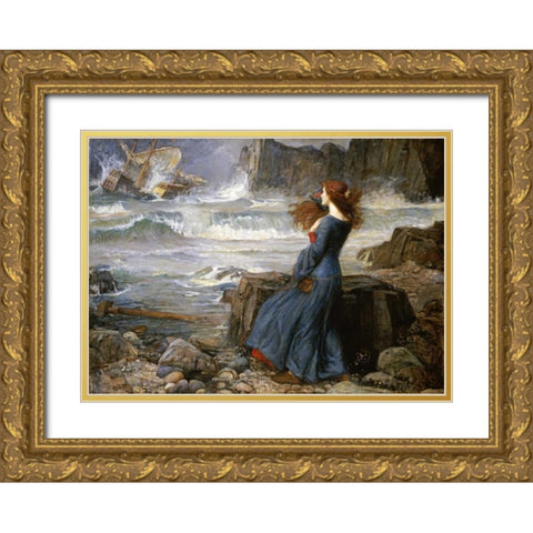 Miranda - The Tempest Gold Ornate Wood Framed Art Print with Double Matting by Waterhouse, John William
